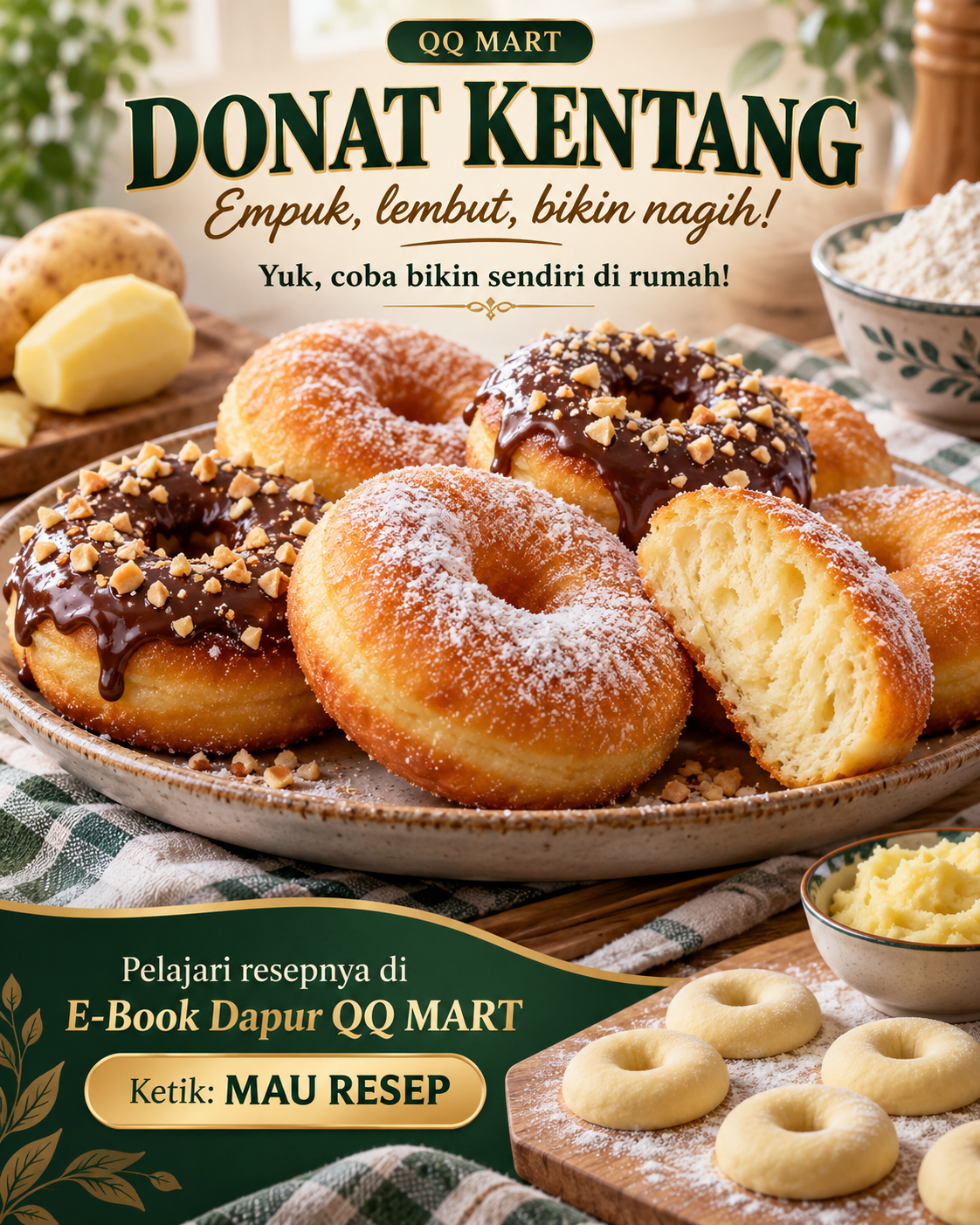 Ilustrasi donat kentang dengan topping gula dan cokelat